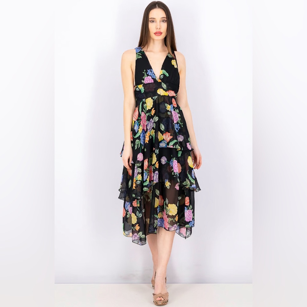 Topshop Sleeveless Tiered Black Chiffon Midi Dress with Floral Print, Size 8
